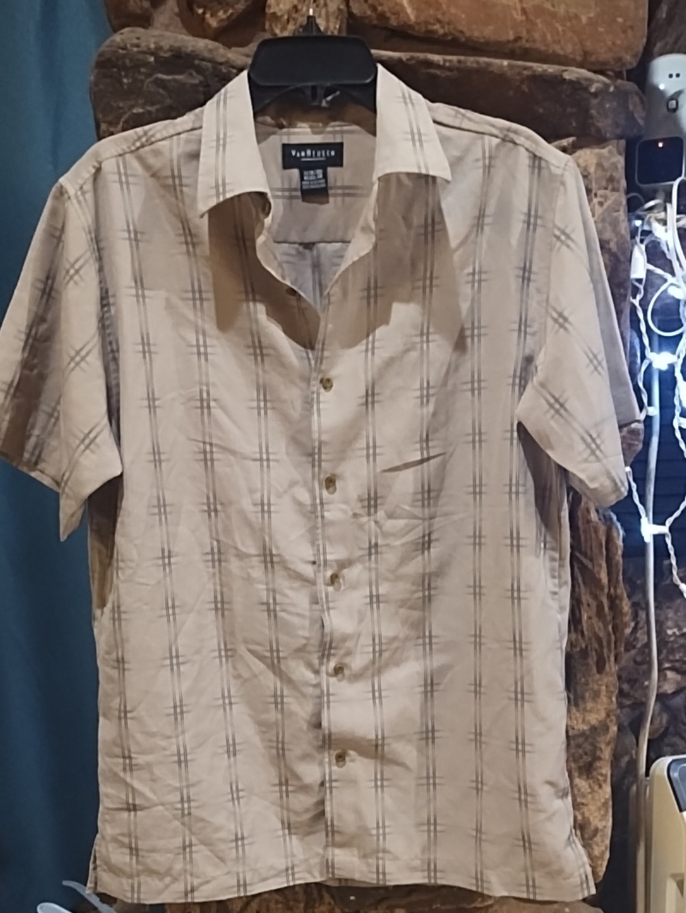 Van Heusen Beige Short-Sleeve Button-Down Shirt with Gray Plaid
